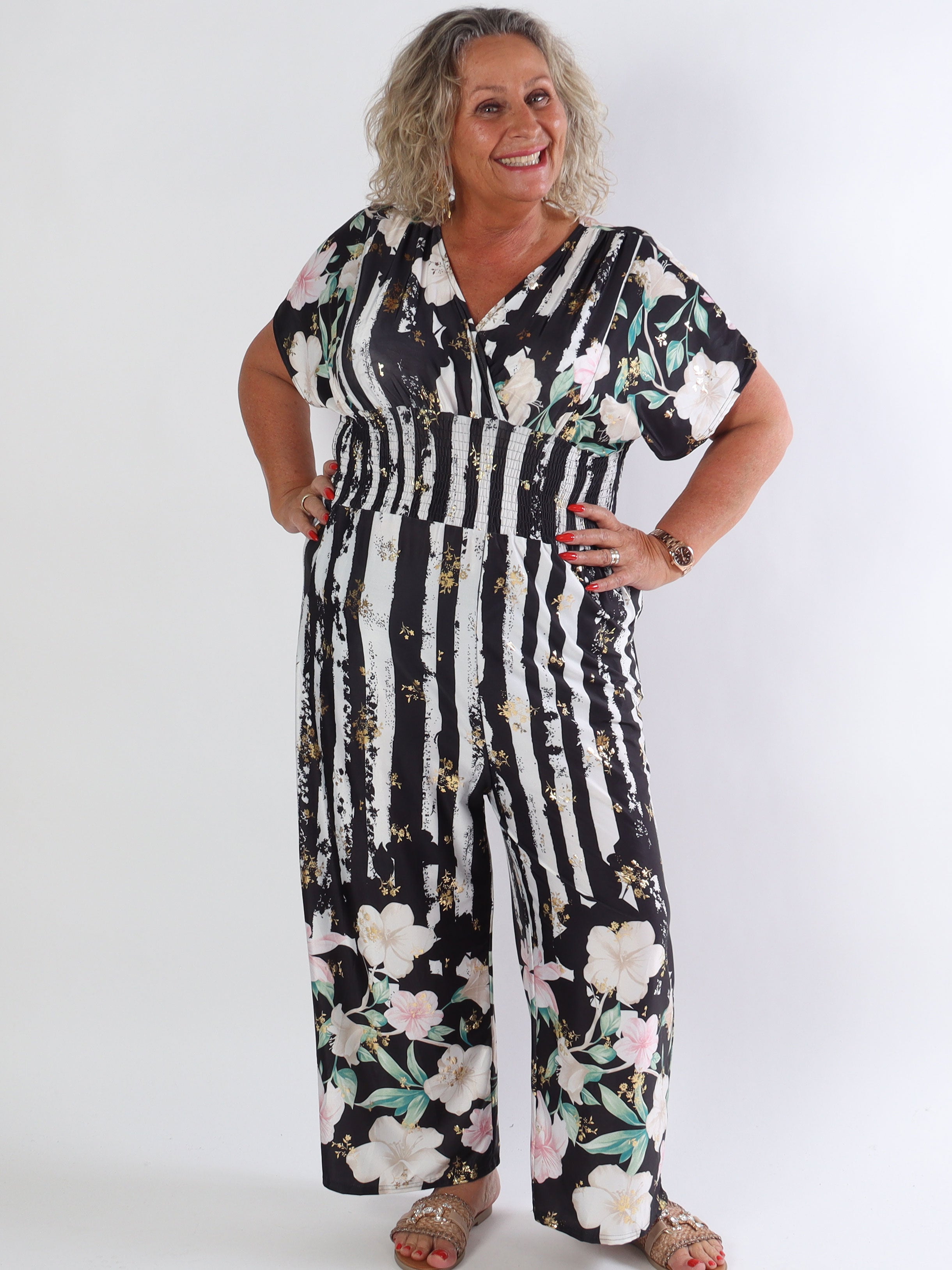 Pams Floral Stripe Jumpsuit - Stretchig plus size jumpsuit med blommotiv